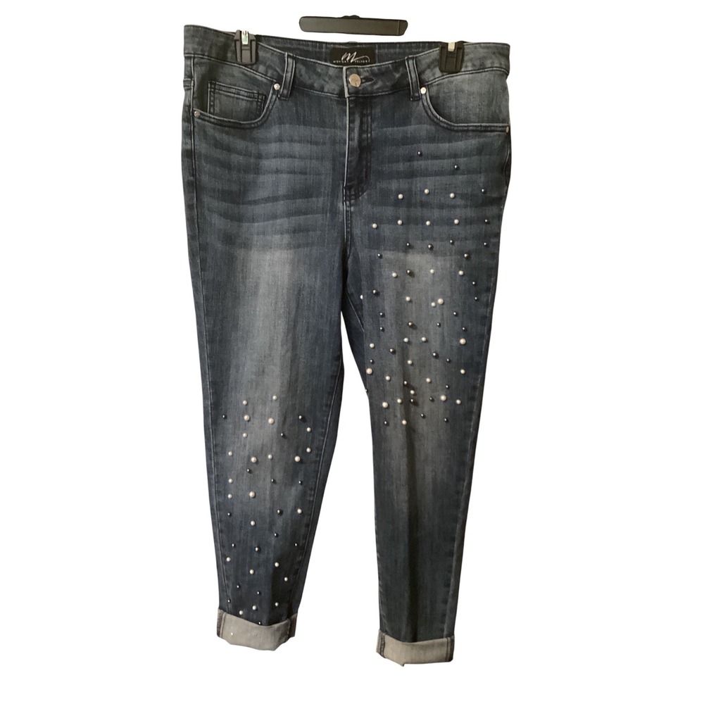 Midnight Velvet Womens Size 16 Pearl Embellished Cuffed Jeans Medium Wash Blue